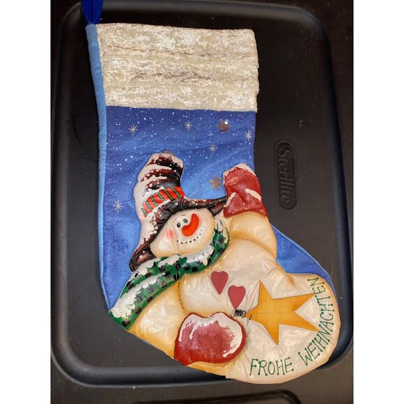 Vintage Christmas Stocking With Snowman Design & "Frohe Weihnachten" 18" - Picture 1 of 7
